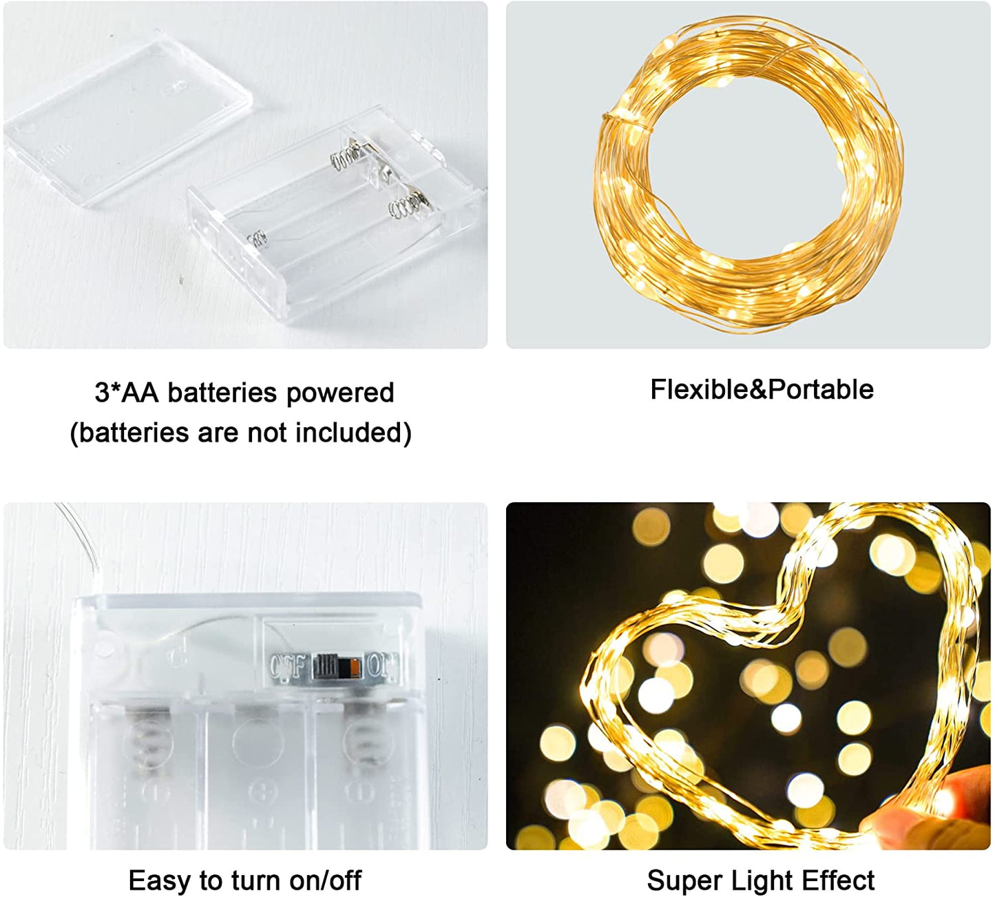 Fairy Lights Battery Operated,60 LED Mini Silver Copper Wire String Lights, IP65 Waterproof