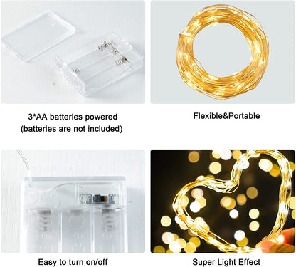Fairy Lights Battery Operated,60 LED Mini Silver Copper Wire String Lights, IP65 Waterproof
