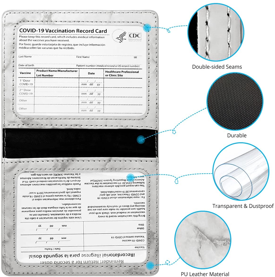 Vaccination Card Protector PU Leather Marble Pattern 4 x 3 inch Waterproof CDC, Black & Gray
