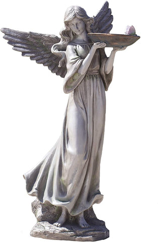 Roman -19119 Angel with Butterfly and Bird Bath Statue, 20.25" H, Garden Collection, Resin and Stone, Dec
