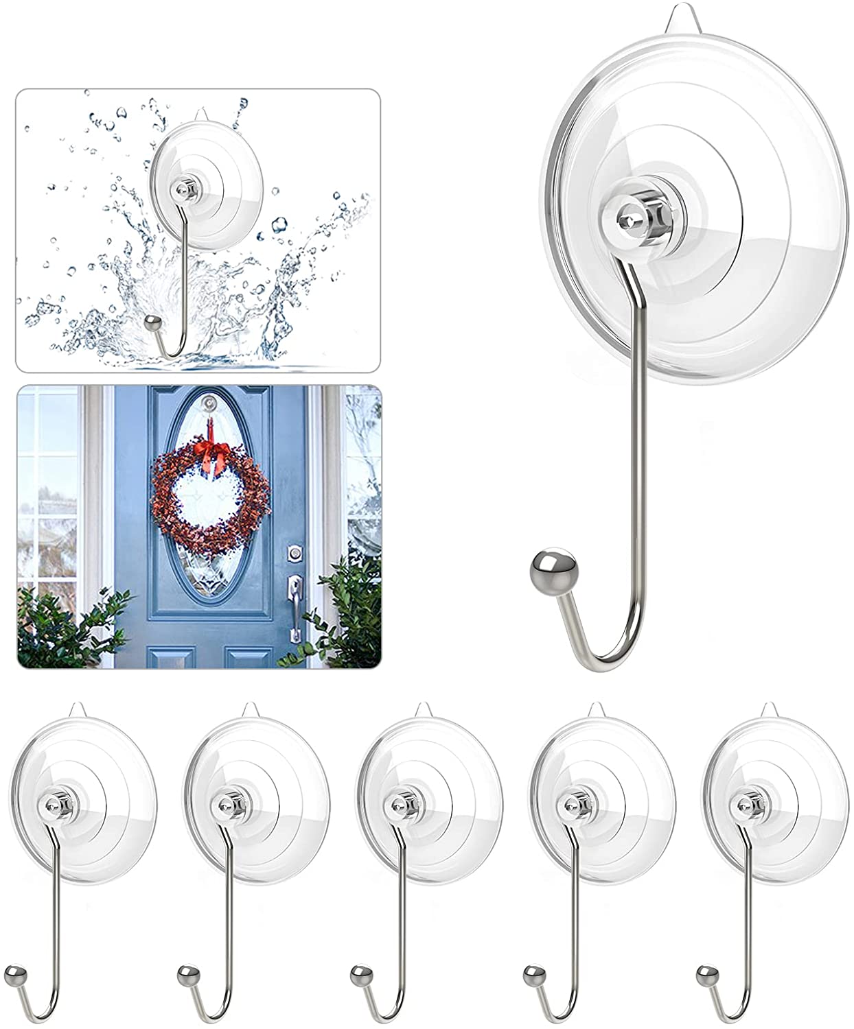 Wreath Hanger, Clear Large Suction Cup Wreath Hooks Reusable Suction Cups w/ Metal Long Hook