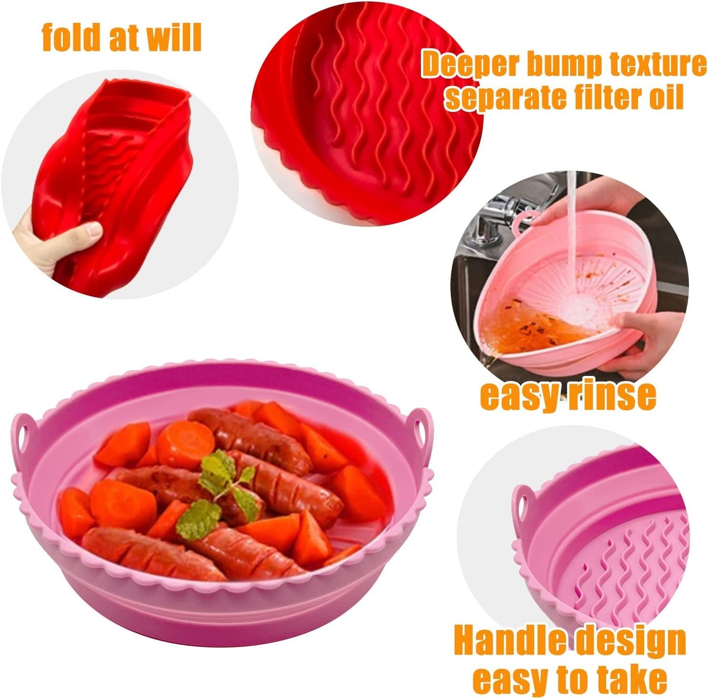2PC Round Silicone Air Fryer Liners Reusable with Heatproof Gloves, Pink + Red