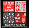 Pavilion 74935 Bloody Mary Sentiment, Pattern & Character Holder 4" (4 Piece) Coaster Set with Box