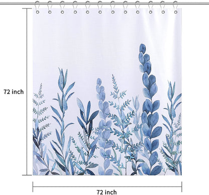 Blue Leaves Shower Curtain with Hooks Water Repellent Washable 72 x 72 In