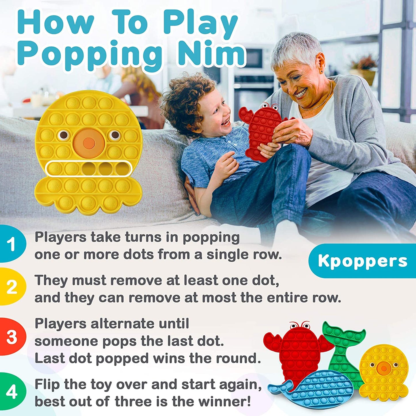 4 Pack Pop It Fidget Toys for Anxiety Stress Relief Toy Set Whale Octopus Mermaid Lobster