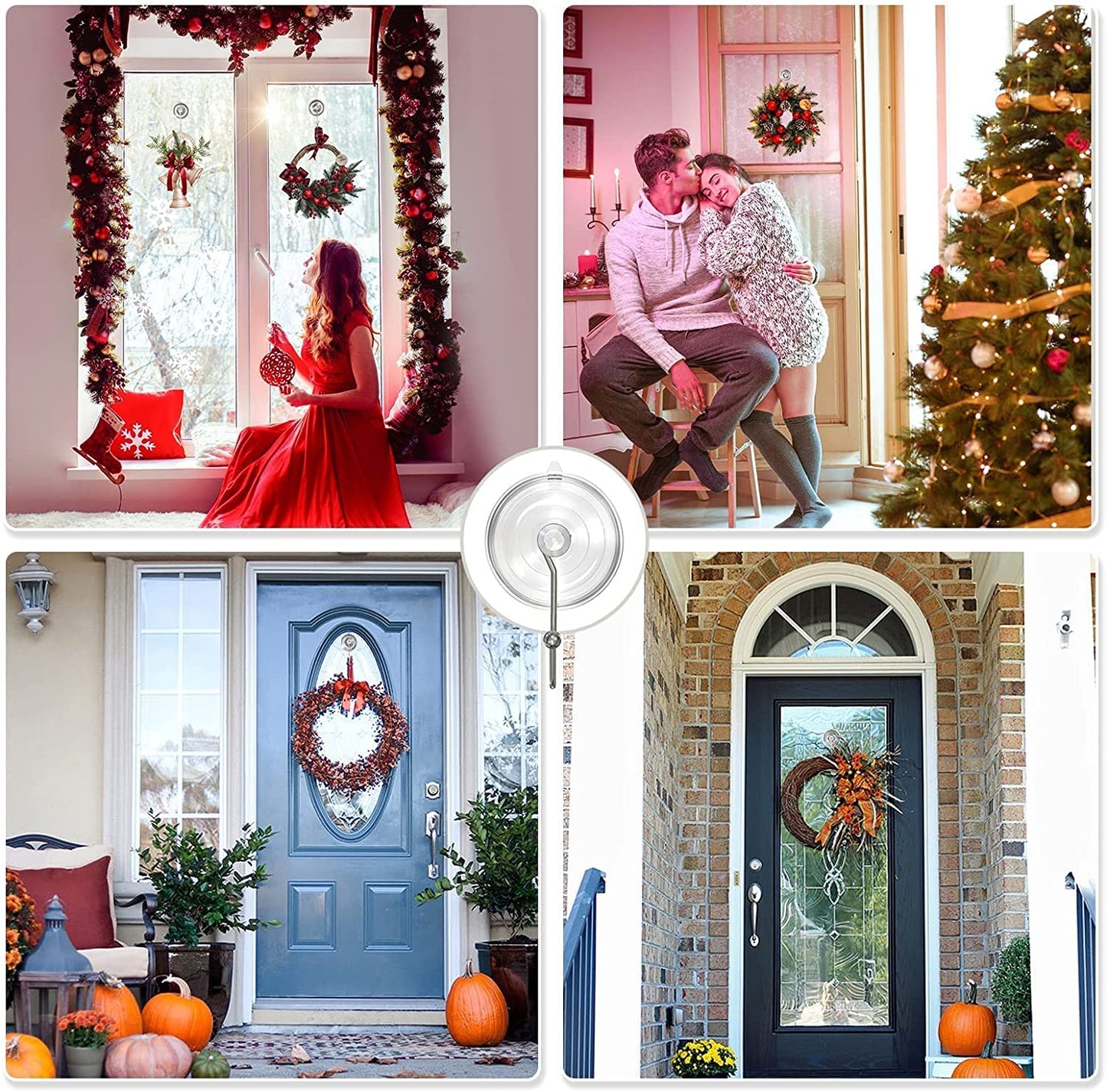 Wreath Hanger, Clear Large Suction Cup Wreath Hooks Reusable Suction Cups w/ Metal Long Hook