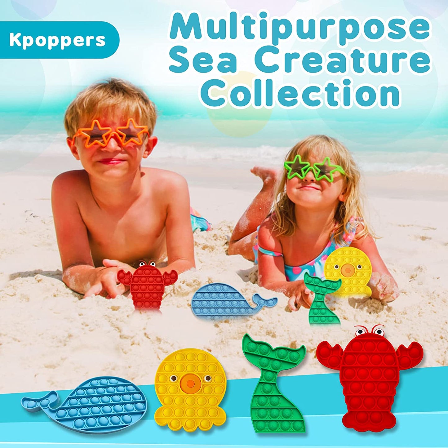 4 Pack Pop It Fidget Toys for Anxiety Stress Relief Toy Set Whale Octopus Mermaid Lobster
