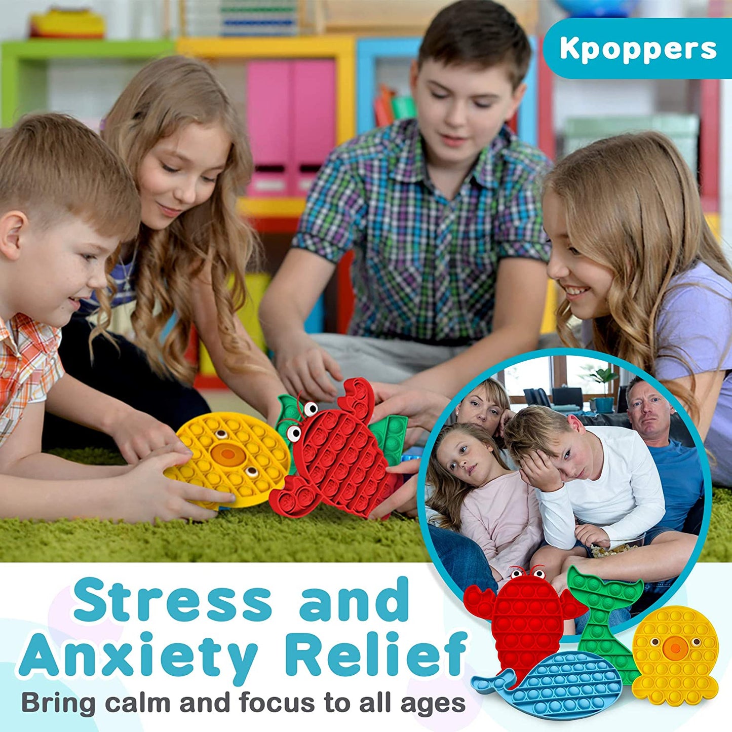 4 Pack Pop It Fidget Toys for Anxiety Stress Relief Toy Set Whale Octopus Mermaid Lobster
