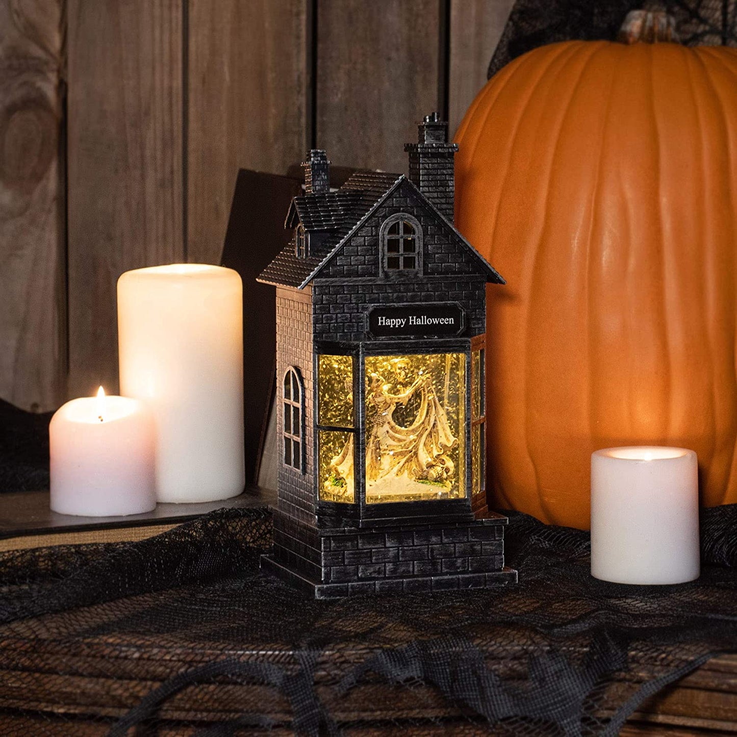 Roman Halloween 133439 Happy Silvertone Haunted House 10" Acrylic Decorative Tabletop Snow Globe
