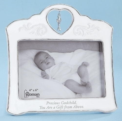Precious Godchild Crossfish Charm White Porcelain Decorative 4x6 Picture Frame