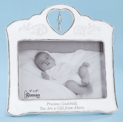 Precious Godchild Crossfish Charm White Porcelain Decorative 4x6 Picture Frame