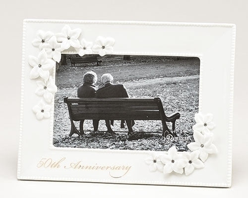 Roman 10065 Anniversary 50th White Porcelain Jeweled Decorative Flowers 4x6 Picture Frame