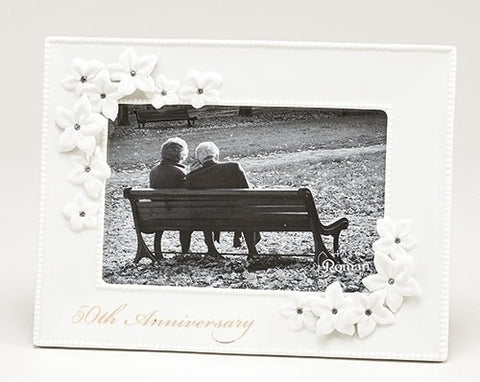 Roman 10065 Anniversary 50th White Porcelain Jeweled Decorative Flowers 4x6 Picture Frame