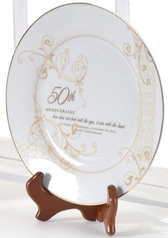 Roman 61209 50th Wedding Anniversary Love Sees with the Heart Porcelain Plate with Stand