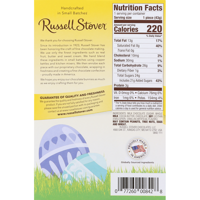 Russell Stover 0842P Milk Chocolate, Solid Bunny