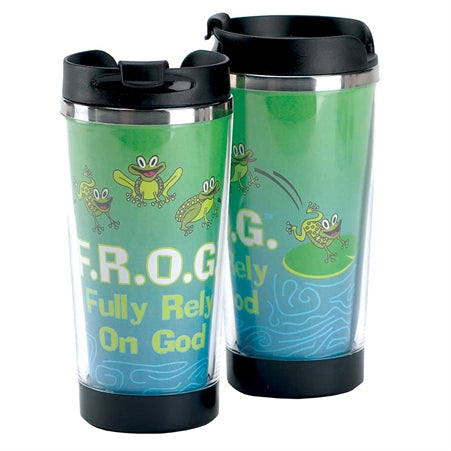 Dicksons FROG Fully Rely on God Blue 9.5 Oz. Stainless Steel Travel Mug with Black Snap Lid