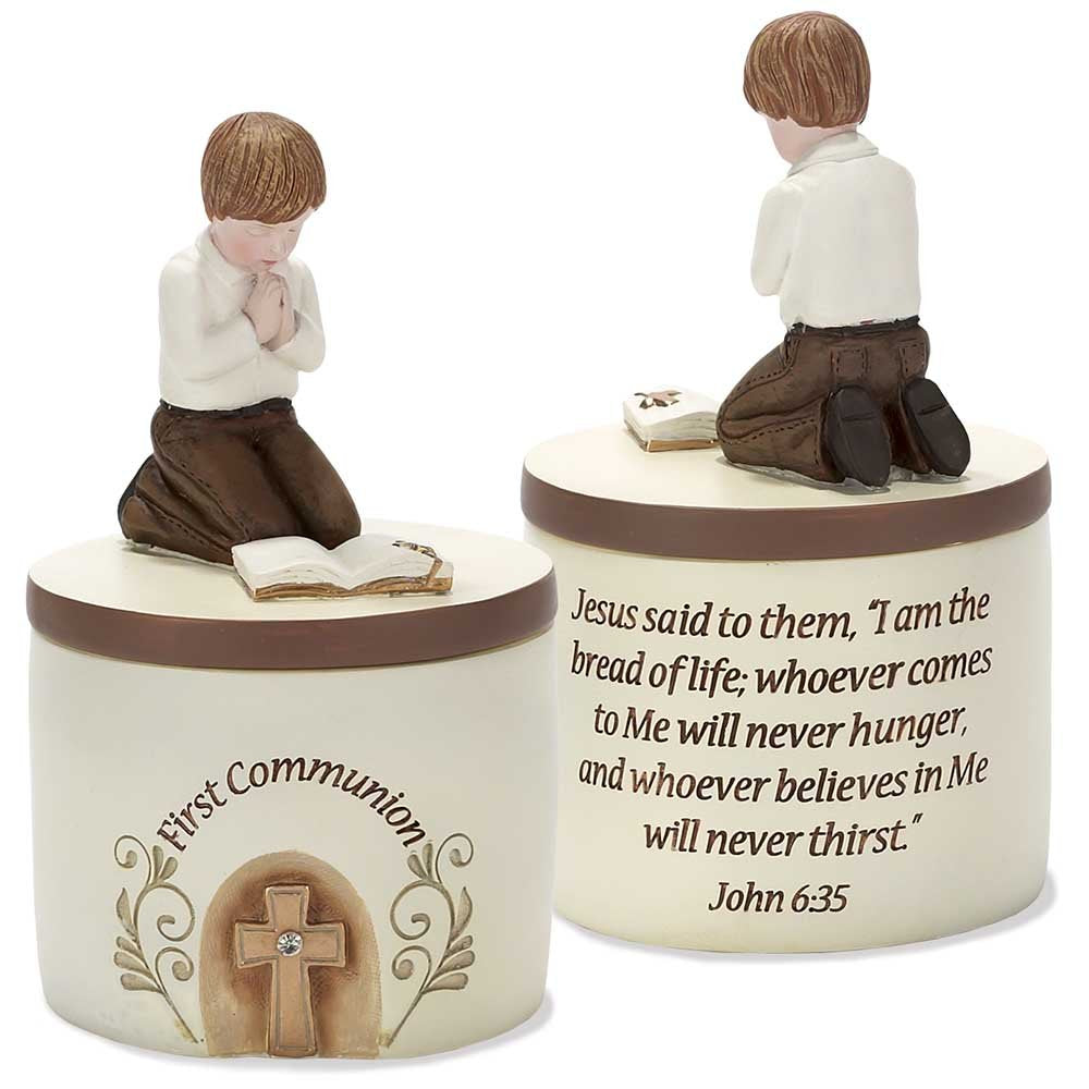Dicksons First Communion Praying Boy John 6:35 Resin Stone 5 inch Keepsake Box
