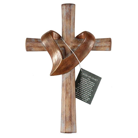 Dicksons Cross With Heart Sash Distressed Patina Bronze Tone 6 x 11 Resin Stone Wall Sign Plaque