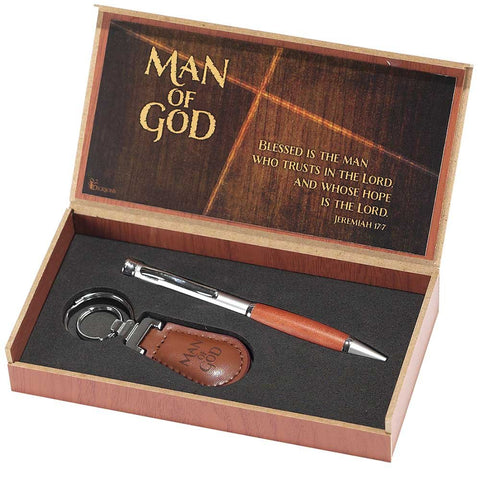 Dicksons Man of God 2 Piece Metal Woodgrain Ballpoint Pen and Leatherette Keychain Gift Boxed Set
