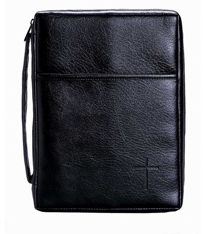 Dicksons Soft Black Embossed Cross with Front Pocket Leather Look Bible Cover with Handle, Medium