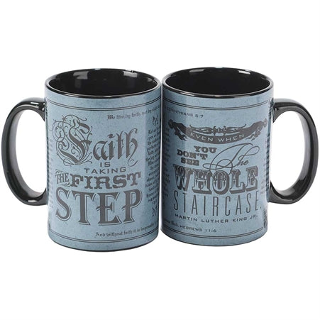 Dicksons Faith is Taking the First Step Blue Vintage 16 Ounce Stoneware Coffee Mugs Set of 2