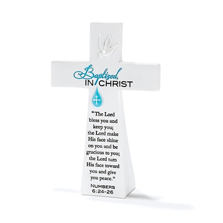 Dicksons Blue Baptized in Christ Numbers 6:24-26 White Resin Stone Table Top Cross