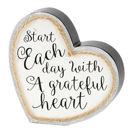 Dicksons Start Each Day Grateful Heart Twine String Gray 4.5 x 5 Heart Shaped Wood Table Top Plaque