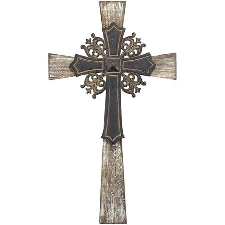 Dicksons Antiqued Intricate Double Layer 15 Inch Wood and Metal Decorative Hanging Wall Cross